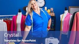  Presentation with sewing - Presentation theme with young-woman-tailor-smiling-confident background and a ocean colored foreground