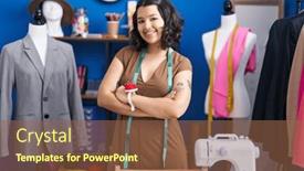  Presentation with sewing - PPT theme with young-woman-tailor-smiling-confident background and a tawny brown colored foreground