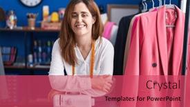  Presentation with sewing - PPT layouts featuring young-woman-tailor-smiling-confident background and a red colored foreground