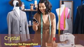  Presentation with sewing - PPT theme having young-woman-tailor-smiling-confident background and a tawny brown colored foreground