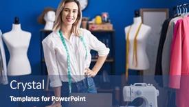  Presentation with clothing factory - Theme featuring young-woman-tailor-smiling-confident background and a ocean colored foreground