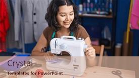  Presentation with sewing - Presentation enhanced with young-woman-tailor-smiling-confident background and a coral colored foreground