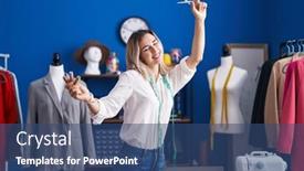  Presentation with clothing factory - Slide deck having young-woman-tailor-smiling-happy background and a ocean colored foreground