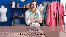  Presentation with clothing factory - PPT layouts having young-woman-tailor-smiling-happy background and a coral colored foreground