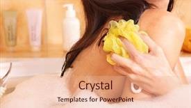  Presentation with take - Cool new PPT layouts with young woman take bubble bath backdrop and a coral colored foreground