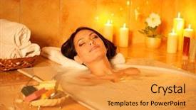  Presentation with bubble - Beautiful PPT theme featuring young woman take bubble bath backdrop and a gold colored foreground