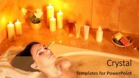  Presentation with futuristic bubble - Beautiful presentation design featuring young woman take bubble bath backdrop and a gold colored foreground