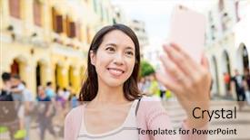  Presentation with macau - Slide deck consisting of young woman take cellphone in senado square of macau background and a coral colored foreground