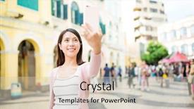  Presentation with macau - PPT theme consisting of young woman take self image background and a soft green colored foreground
