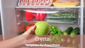  Presentation with refrigerator - Presentation theme having young woman taking apple from refrigerator closeup background and a coral colored foreground