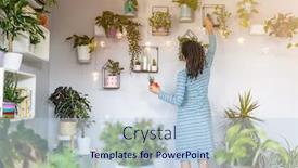  Presentation with home care - Colorful presentation theme enhanced with young woman taking care of her potted plants at home backdrop and a lemonade colored foreground