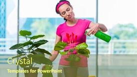 Presentation with home care - Theme enhanced with young woman taking care of home plants background and a tawny brown colored foreground