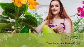  Presentation with home care - Amazing slide deck having young woman taking care of home plants backdrop and a yellow colored foreground