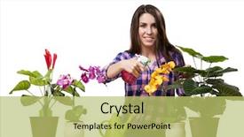  Presentation with home care - Amazing presentation design having young woman taking care of home plants backdrop and a yellow colored foreground
