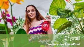  Presentation with home care - Beautiful slides featuring young woman taking care of home plants backdrop and a seafoam green colored foreground