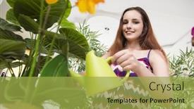  Presentation with home care - Theme with young woman taking care of home plants background and a yellow colored foreground