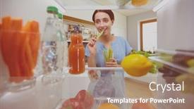  Presentation with fridge - Slide set having young-woman-taking-fresh-healthy background and a coral colored foreground