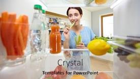  Presentation with fridge - Theme enhanced with young-woman-taking-fresh-healthy background and a coral colored foreground