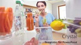  Presentation with fridge - PPT layouts enhanced with young-woman-taking-fresh-healthy background and a coral colored foreground