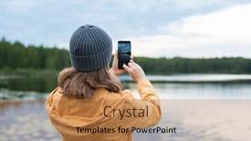  Presentation with photograph - PPT theme consisting of young-woman-taking-photograph background and a coral colored foreground