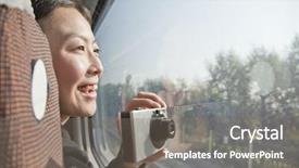  Presentation with train - Presentation design enhanced with young woman taking photographs outside train window background and a gray colored foreground