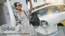  Presentation with vintage car - Beautiful presentation theme featuring young woman taking selfie next backdrop and a light gray colored foreground