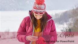  Presentation with winter weather - Beautiful PPT theme featuring young woman taking the photo on a background of snow-covered winter forest snowy weather backdrop and a red colored foreground
