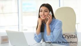  Presentation with phone - Slides having young woman talking by mobile background and a light blue colored foreground