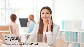  Presentation with phone - Slide set consisting of young woman talking by mobile background and a soft green colored foreground