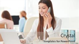  Presentation with working woman - Slide deck with young woman talking by mobile background and a soft green colored foreground