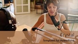  Presentation with front desk - Slide deck with young-woman-talking-in-microphone background and a coral colored foreground