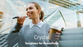  Presentation with phone - PPT theme with young-woman-talking-on-mobile background and a ocean colored foreground