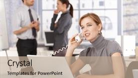  Presentation with woman office desk - Presentation having young woman talking on phone background and a coral colored foreground