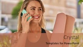  Presentation with smartphone - Presentation theme enhanced with young-woman-talking-on-smartphone background and a  colored foreground