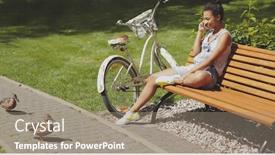  Presentation with standing sitting - PPT theme with young woman talking smartphone while sitting on bench in summer park with bicycle standing near and ducks passing background and a gray colored foreground