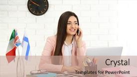  Presentation with company - Colorful PPT layouts enhanced with young woman talking on the smart phone in the office of travel company backdrop and a coral colored foreground
