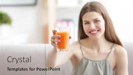  Presentation with juice - Presentation featuring young woman tasting fresh juice sitting on couch at living room background and a mint green colored foreground