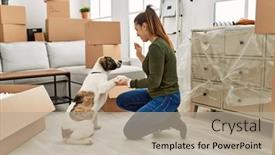  Presentation with teaching - PPT theme having young-woman-teaching-dog background and a mint green colored foreground