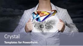  Presentation with mechanism - Presentation theme enhanced with young-woman-tearing-shirt background and a gray colored foreground