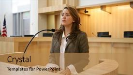  Presentation with court cases - Slides having young woman testifying in court background and a coral colored foreground