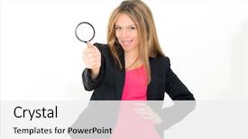  Presentation with looking glass - Colorful theme enhanced with young woman through a magnifying glass looking at you backdrop and a white colored foreground