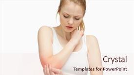  Presentation with tennis elbow - Presentation consisting of young woman touching her elbow background and a  colored foreground