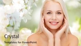  Presentation with green beauty - PPT theme consisting of young woman touching her face background and a coral colored foreground