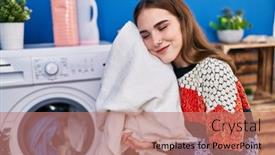  Presentation with laundry room - Presentation theme having young-woman-touching-towel background and a coral colored foreground