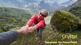  Presentation with helping man - Cool new theme with young woman tourist in alpine zone in summer man helping her to climb backdrop and a tawny brown colored foreground