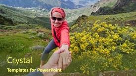  Presentation with helping man - PPT layouts having young woman tourist in alpine zone in summer man helping her to climb background and a tawny brown colored foreground