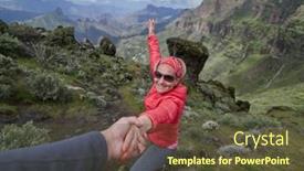  Presentation with zone - Amazing PPT theme having young woman tourist in alpine zone in summer man helping her to climb backdrop and a tawny brown colored foreground