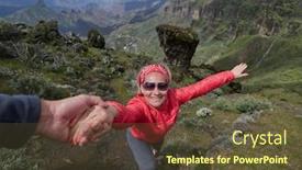  Presentation with helping man - Presentation having young woman tourist in alpine zone in summer man helping her to climb background and a tawny brown colored foreground