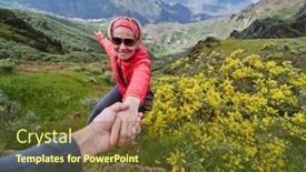  Presentation with helping man - PPT layouts featuring young woman tourist in alpine zone in summer man helping her to climb background and a tawny brown colored foreground