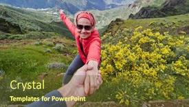  Presentation with helping man - Theme enhanced with young woman tourist in alpine zone in summer man helping her to climb background and a tawny brown colored foreground